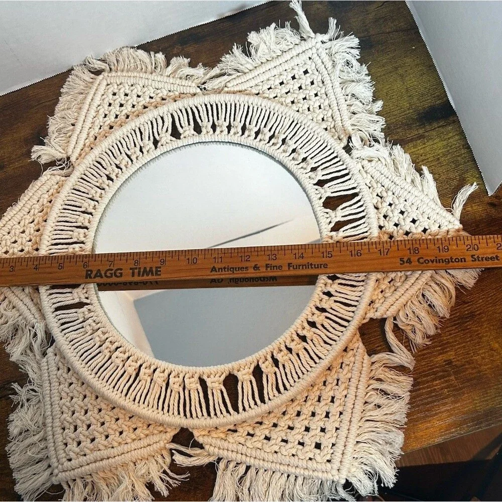 Boho Macrame Wall Mirror Round Fringe Woven Cotton Decor 20” Handmade Chic Home